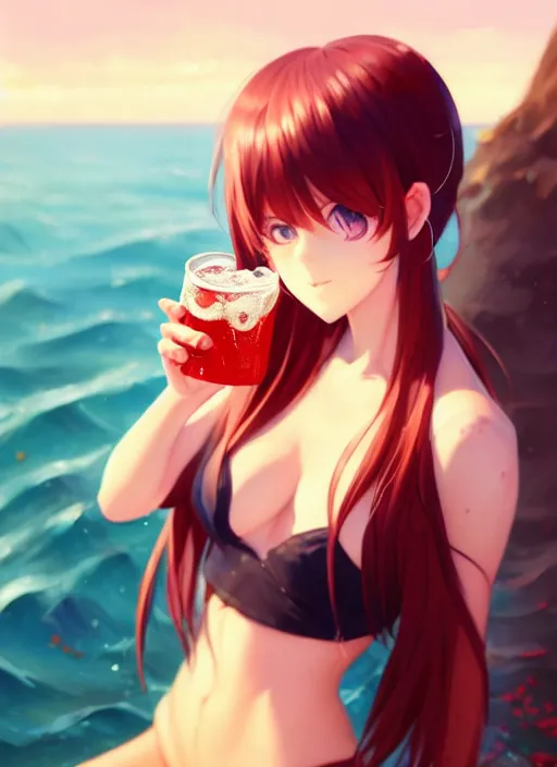 Image similar to full body picture of a extremely beautiful and attractive and cute and aesthetic girl drinking a coke, highly detailed face, very thirsty, dripping on the body, sharp focus, shiny day on the beach, specular reflection, occlusion shadow, trending on artstation, epic light novel cover art, art by ilya kuvshinov and sakimichan and jeremy lipking