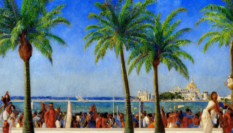 Image similar to a ultradetailed beautiful painting of the amazonas palace balustrade designed by jules bastien - lepage, tarsila do amaral, frank weston and gustave baumann, beach, trending on artstation, mediterranean, palm trees, sharp focus, colorful refracted sparkles and lines, soft light, 8 k 4 k