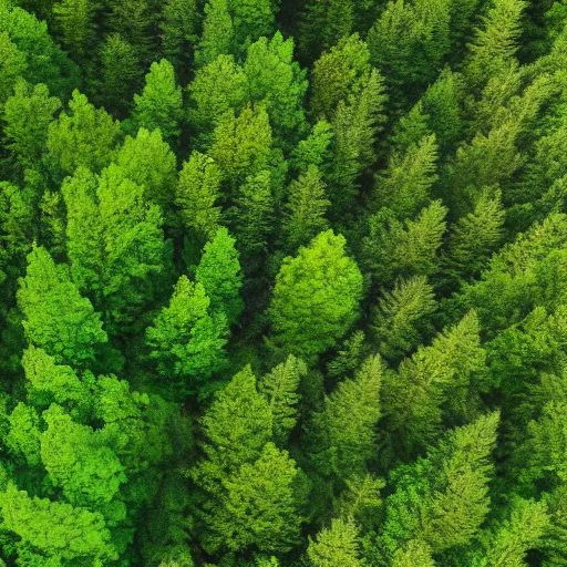 Image similar to a view from the sky of a thick forest with varying tree types, green, painted, high resolution