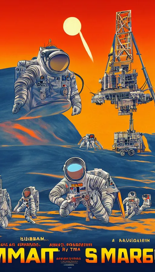 Image similar to movie poster of astronauts mining on mars, highly detailed, large text, bright colours, animated, cuban propaganda style