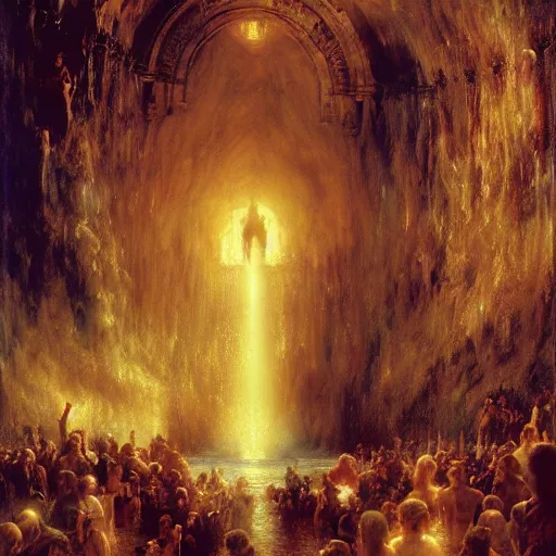 Image similar to alvah angelrune water portal to hell located in heaven, crowd of people, rule of thirds, 4 k, dark bright effect, highly detailed painting by gaston bussiere, craig mullins, j. c. leyendecker