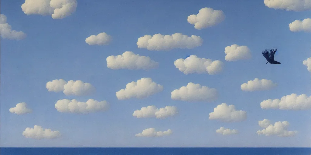 Prompt: in the blue sky, birds are lying throuch the clouds, # rene francois ghislain magritte