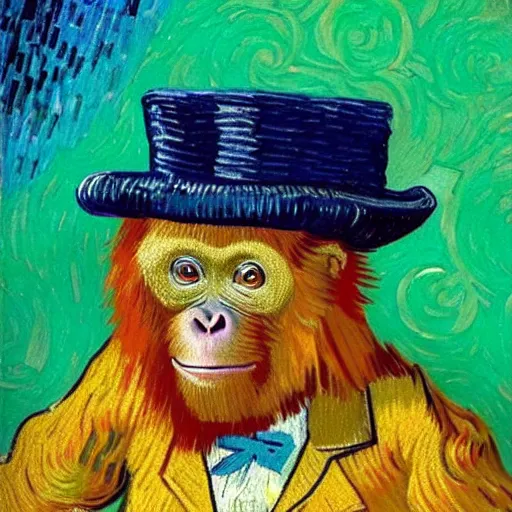 Image similar to a van gogh painting of a baby orangutan wearing a top hat, 4 k, hyper realistic, dslr, landscape, high resolution