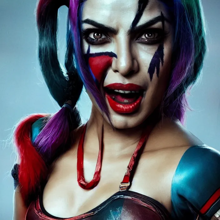 Image similar to portrait of Priyanka Chopra as a harley quinn in Suicide Squad. intricate artwork. by Tooth Wu, wlop, beeple, dan mumford. octane render, trending on artstation, greg rutkowski very coherent symmetrical artwork. cinematic, hyper realism, high detail, octane render, 8k