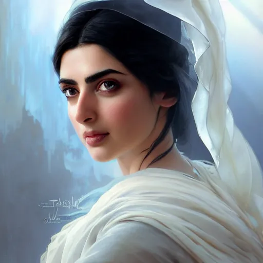 Prompt: a Photorealistic dramatic hyperrealistic,Crystal blue eyes ameera al taweel with black hair, white veil,focus face, by WLOP,Artgerm,Greg Rutkowski,Alphonse Mucha, Beautiful dynamic,shadows,Artstation,concept design art,Octane render,8K