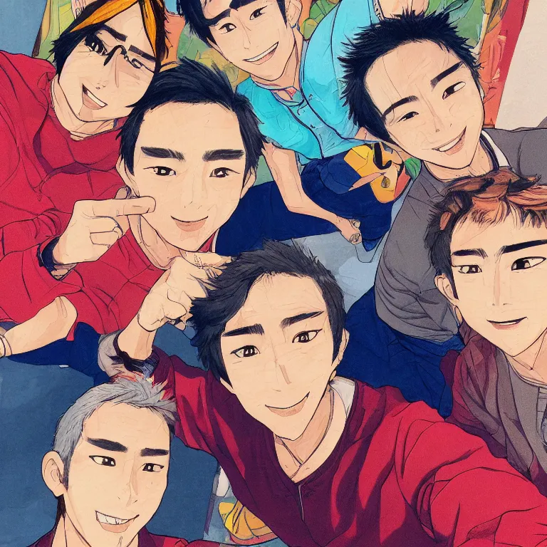 Image similar to a detailed colorful illustration of three guys ( daichi, sugawara, asahi ) posing for a selfie by timothy kong, trending on artstation