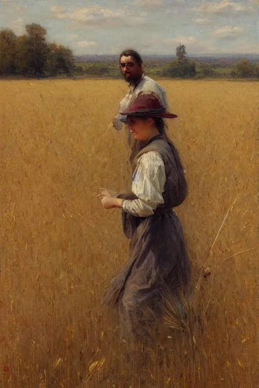 Image similar to Solomon Joseph Solomon and Richard Schmid and Jeremy Lipking victorian genre painting full length portrait painting of a young cottagecore walking in an open field of wheat, red background