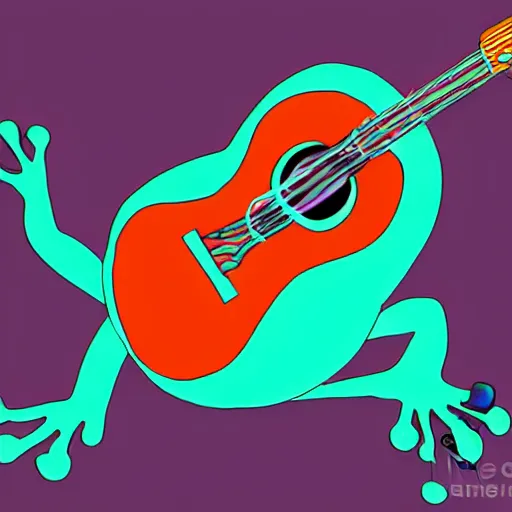 Image similar to cute frog playing on guitar, digital art, blue background, modern