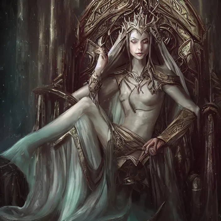 Image similar to cruel elvish empress in her throne, fantasy, d & d, digital painting, art station, by wlop