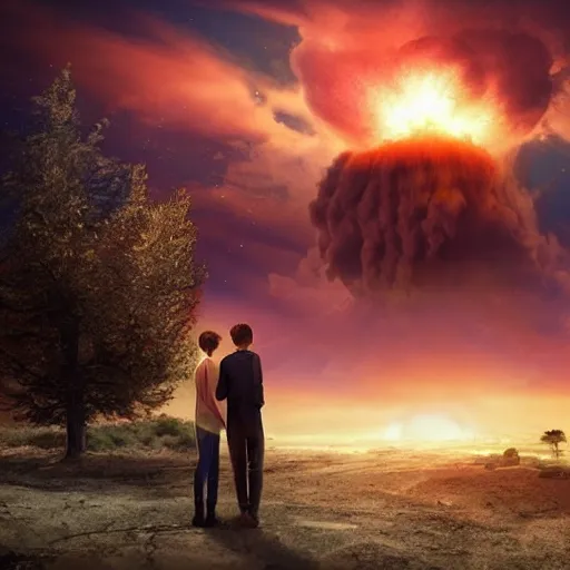 Image similar to a young couple watching a nuclear explosion, romantic, uplifting, happy, apocalytic detailed digital matte painting