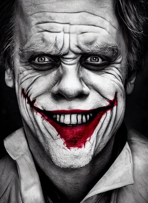 Prompt: photo of Mark Hamill as the Joker by Lee Jeffries, horror, big smile, detailed, award winning, Sony a7R, trending on artstation