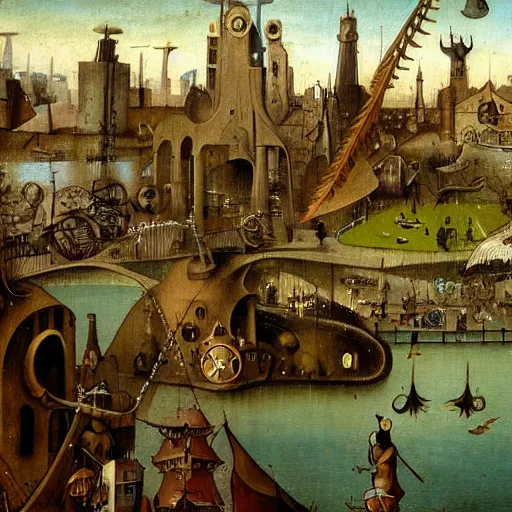 Image similar to riverside steampunk city, painting by hieronymus bosch