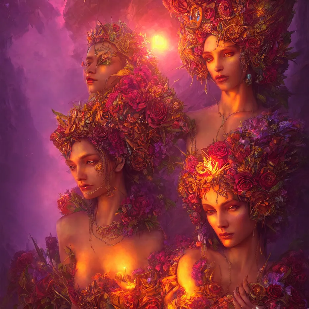 Image similar to Beautiful 3d render of the flower queen goddess in a sensual pose, atmospheric lighting, painted, intricate, volumetric lighting, beautiful, rich deep colours masterpiece, sharp focus, ultra detailed, in the style of Dan Mumford and marc simonetti, with a crowded futuristic cyberpunk city in the background, astrophotgraphy