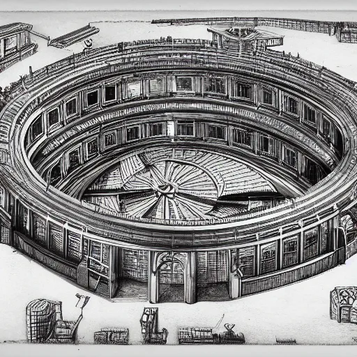 Image similar to hyper detailed architectural drawing of a panopticon