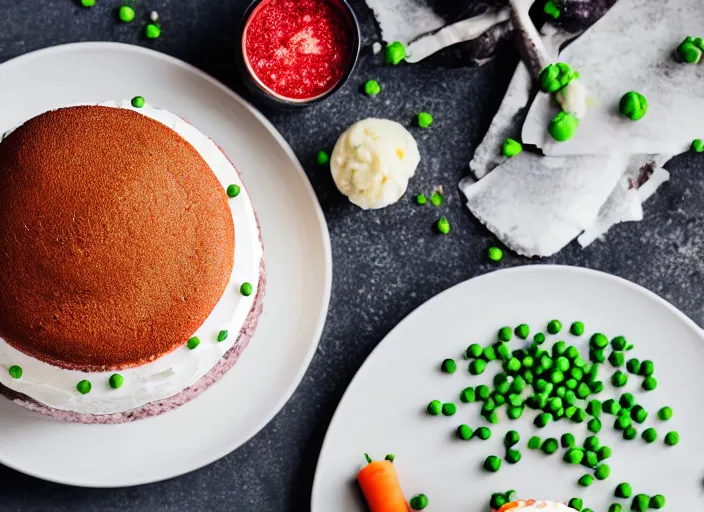 Image similar to dslr food photograph of a birthday cake iced with mashed potatoes and topped with ground beef carrots and peas, 8 5 mm f 1. 8