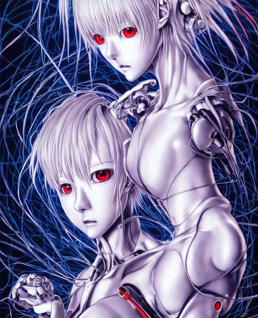 Image similar to symmetrical. realistic detailed image of anime portrait, realistic detailed male character, rei ayanami, plugsuit, depth perception, vivid colors, masterpiece, depth of field, gothic, digital art. art by yoshitaka amano, by yukito kishiro, by yoshiyuki sadamoto, by artgerm, by hajime sorayama