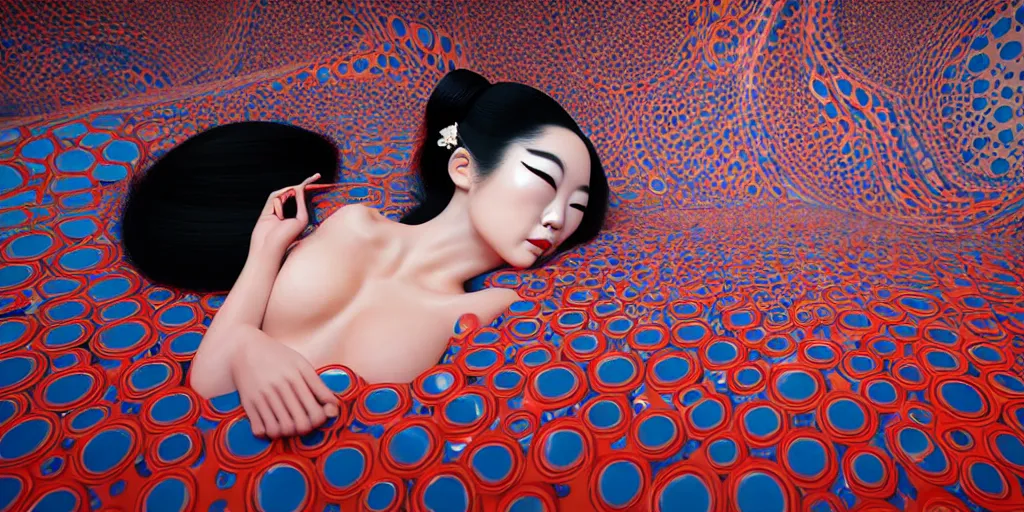 Image similar to hyperrealistic detailed image of a geisha laying in a art installation room, hd smooth interior by yayoi kusama, part by kei mieno, part by ross tran, dark art by james jean, ultra realistic, highly detailed, life like face, detailed body, 8 k, 3 d render by roger magrini, very cohesive, masterpiece