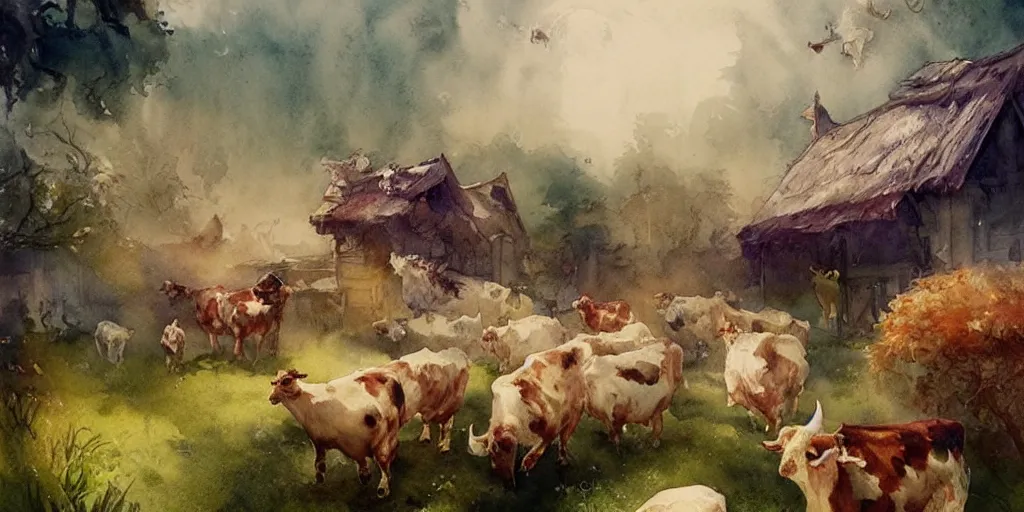 Prompt: a beautiful insanely intricate watercolor illustration of a chikens and cows in the yard, colorfull, by william turner art, by greg rutkowski, by james jean, by rossdraws, by frank franzzeta, by sakimichan, by edmund dulac, trending on artstation, insanely detailed, masterpiece,