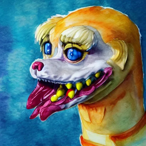 Prompt: water color on paper, chica animatronic portrait, highly detailed, artstation, masterpiece, award - winning,