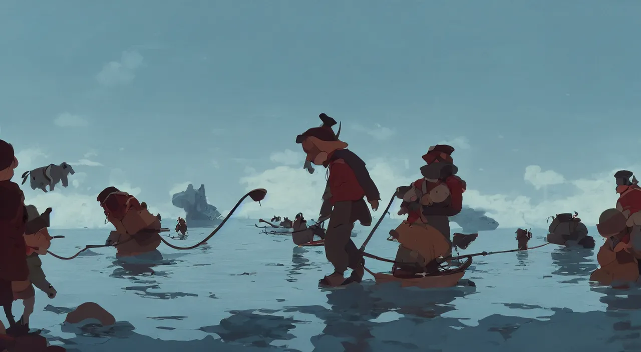 Prompt: havanese dogs pulling arctic explorers from the water, 1 9 0 0, tartakovsky, atey ghailan, goro fujita, studio ghibli, rim light, scary, afternoon lighting, clear focus, very coherent