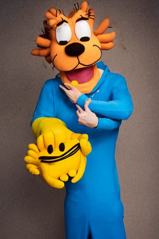 Image similar to portrait of Jacksfilms dressed in Garfield costume, starring in live-action adaptation of the comics, cosplay portrait photograph,