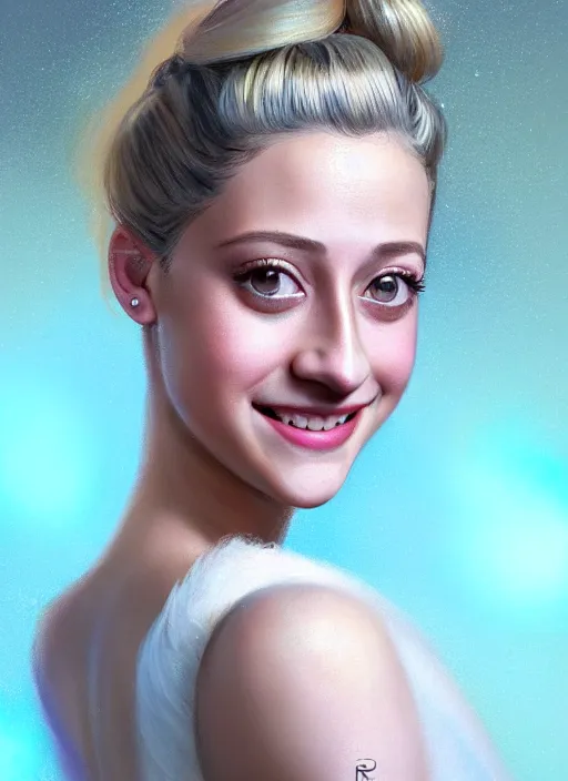 Image similar to portrait of lili reinhart with fluffy bangs, smiling kindly, bangs, 1 9 6 0 s, ponytail, curly bangs and ponytail, rounder face, intricate, elegant, glowing lights, highly detailed, digital painting, artstation, concept art, smooth, sharp focus, illustration, art by wlop, mars ravelo and greg rutkowski