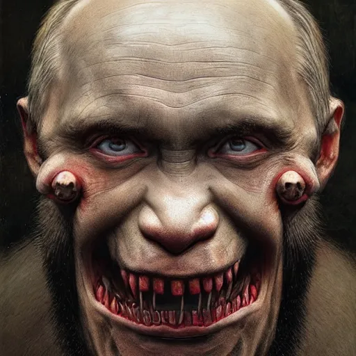 Image similar to vladimir putin, putin is bald prehistoric primate caveman, reptiloid eyes, awe face, toothless, saw teeth, peeling skin, horror macabre face, clown nose, by donato giancola and greg rutkowski and wayne barlow and zdzisław beksinski, realistic face, digital art