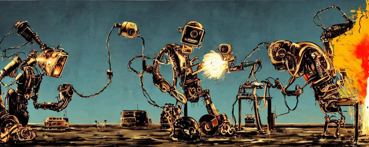 Prompt: an awesome ralph steadman painting of a robot reprogramming its head with a welding torch
