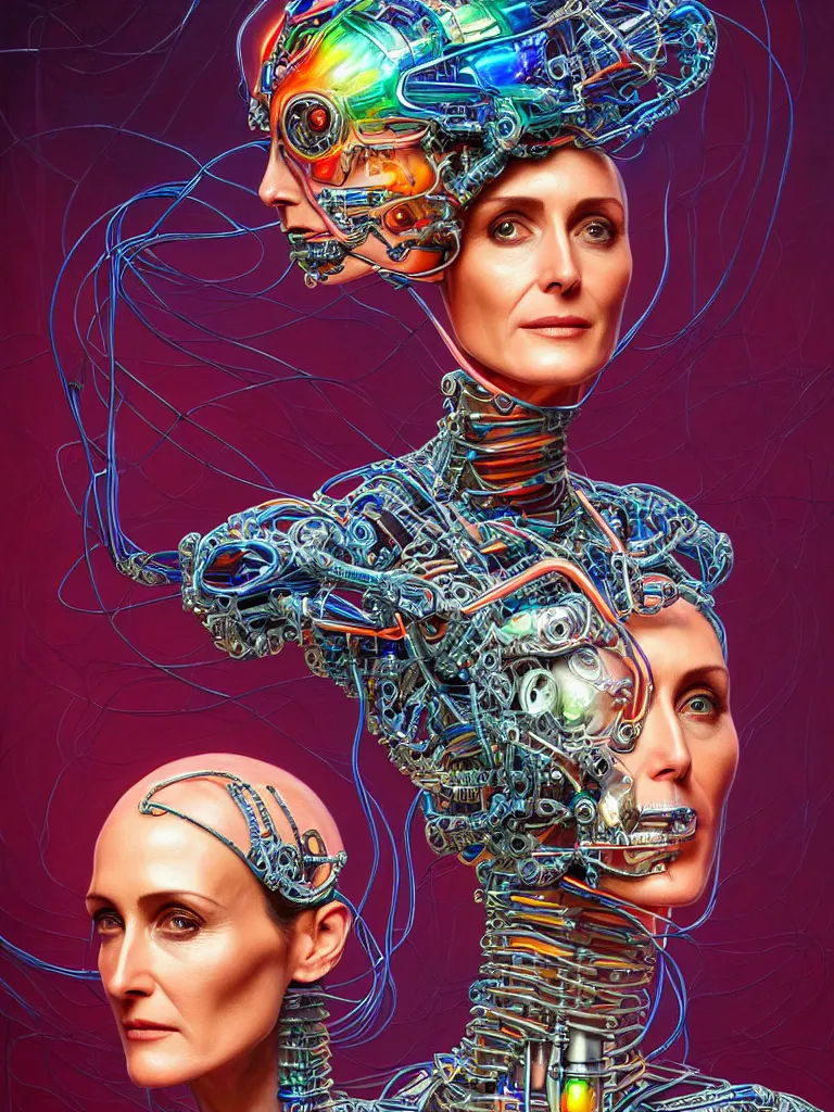 Prompt: Portrait of Carrie-Anne Moss wearing epic bionic cyborg implants of different vibrant colors, detailed intricate ornate cables connected to head, by Dan Mumford and Naoto Hattori, extremely beautiful and proportionate face, in the aesthetic of mert and marcus, masterpiece, intricate, elegant futuristic wardrobe, highly detailed, digital painting, Matrix Theme, artstation, concept art, crepuscular rays, smooth, sharp focus, illustration, background made from fractals of vibrant universe stars, cyberpunk colors, volumetric lighting, art by artgerm and james jean and Nick Sullo