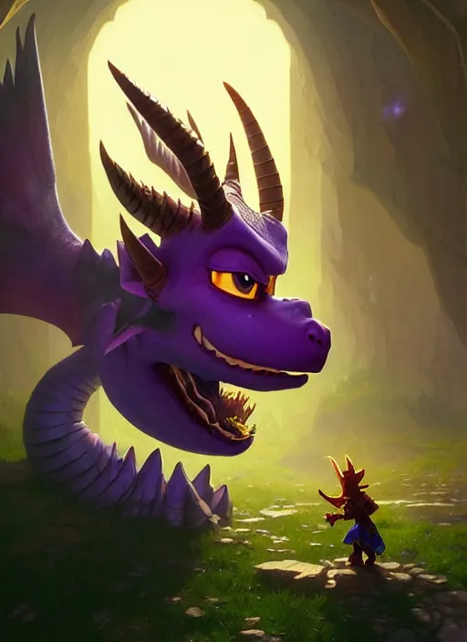 Prompt: Highly detailed portrait of Spyro the dragon, Stephen Bliss, unreal engine, fantasy art by Greg Rutkowski, Loish, Rhads, ferdinand knab, Makoto Shinkai and Lois van baarle, ilya kuvshinov, rossdraws, Tom Bagshaw, alphonse mucha, global illumination, radiant light, detailed and intricate environment