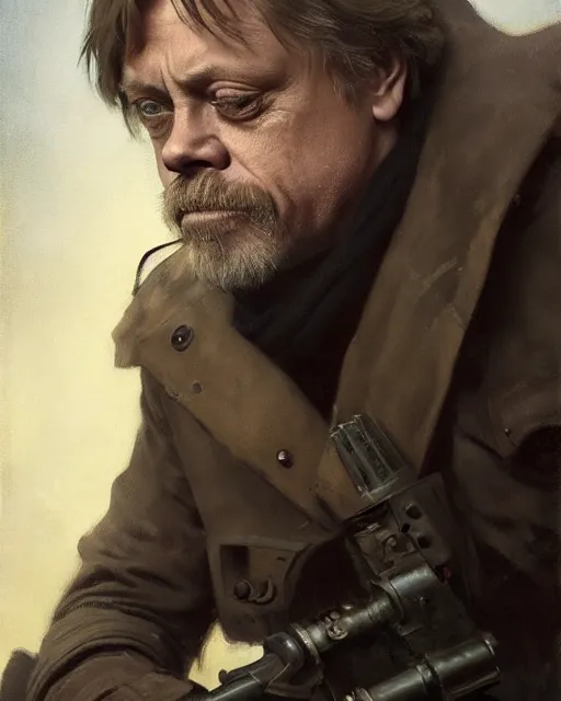 Image similar to mark hamill as a tired dystopian resistance fighter. dieselpunk steampunk art by greg rutkowski, gustave courbet, rosa bonheur, edward hopper. faithfully depicted facial expression, perfect anatomy, sharp focus, global illumination, radiant light, detailed and intricate environment, trending on artstation