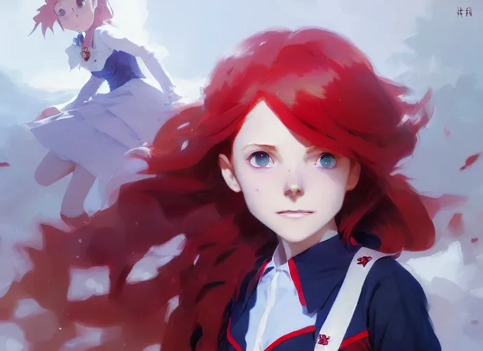 Prompt: little witch academia, red hair, white school uniform, intricate, sharp focus, illustration, highly detailed, digital painting, concept art, matte, art by ruan jia and wlop and greg rutkowski, masterpiece