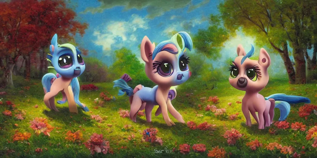 Image similar to 3 d littlest pet shop horse, spooky, graves, stars, crypt, flowers, storm, blues, greens, teals, master painter and art style of noel coypel, art of emile eisman - semenowsky, art of edouard bisson