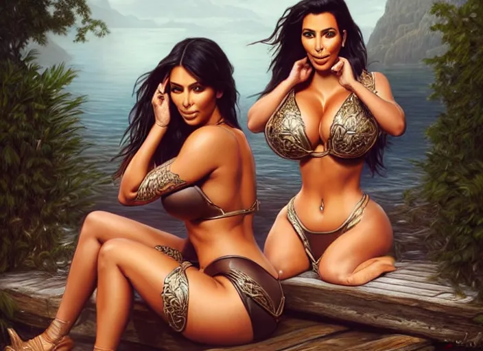 Image similar to candid photo of kim kardashian wearing a hooters outfit, sat by a lake, fantasy, intricate, elegant, highly detailed, digital painting, artstation, concept art, smooth, sharp focus, illustration, art by artgerm and greg rutkowski and alphonse mucha