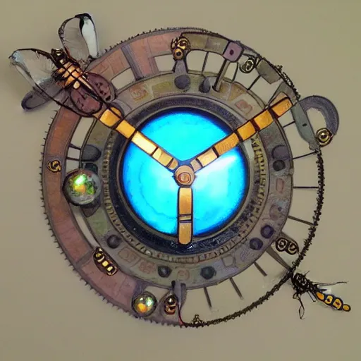 Image similar to steampunk clockwork dragonfly carrying prismatic orbs on it's back