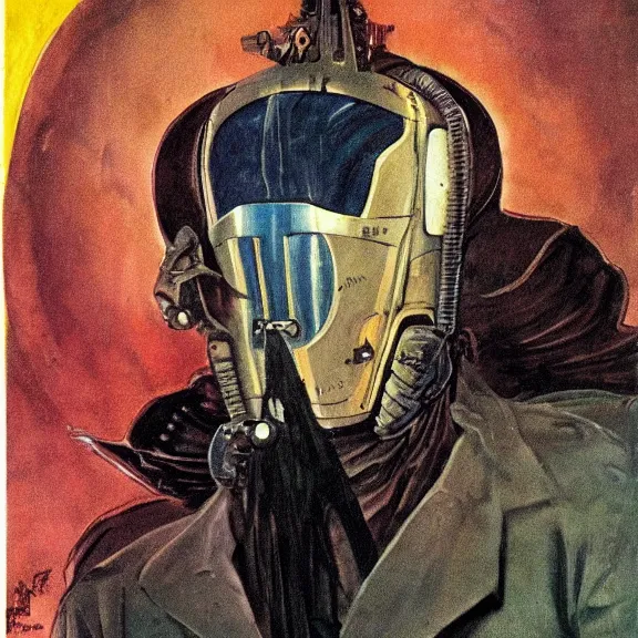 Prompt: illustration of scientist in cyborg mask wearing baggy colorful 9 0 s rick owens jacket by frank frazetta. sci fi book cover.