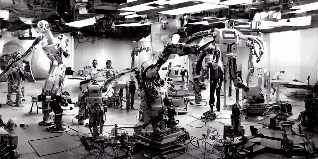 Image similar to a futuristic film studio with robot technicians preparing a scene with frightened human beings by Stanley kubrick, sci-fi, color vibe, reimagined by industrial light and magic