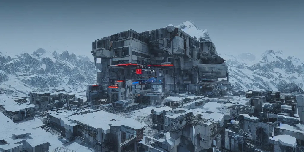 Image similar to a cyberpunk army base built on top of a high snow mountain in the alps, concrete, brutalism, rendered in octane, unreal engine 5, trending on artstation, 8 k