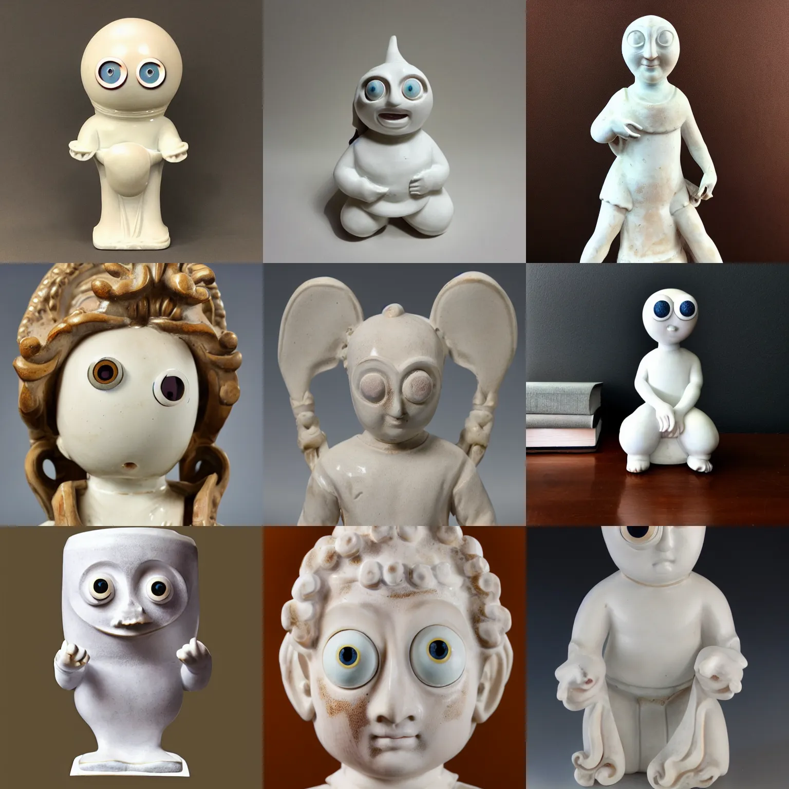 Prompt: ancient classic white porcelain statue with googly eyes, white background