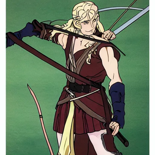 Prompt: Legolas in an 80s anime version of Lord of the Rings, holding a longbow, very detailed, ultra realistic, handpainted, Satoshi Kon, Hiyao Miyazaki, Katsuhiro Otomo