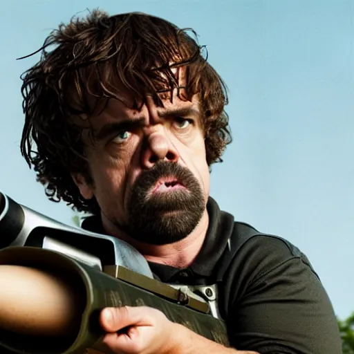 Prompt: Peter Dinklage as Rambo, screaming and shooting a rocket launcher, photo, detailed, 4k