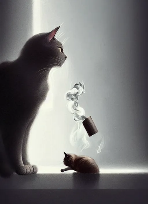 Prompt: a cat thinking about what he had done, vases slowly falling on on the ground, realistic smoke and explosions, elegant, highly detailed, digital illustration, trending in artstation, trending in pinterest, glamor photo, concept art, smooth, sharp focus, art by artgerm and greg rutkowski