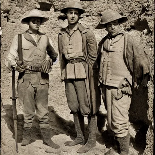 Image similar to a detailed photorealistic sepia - toned photo from 1 9 1 7, three clean - shaven british soldiers standing with two bedouin traders, at an archaeological dig site, ultra realistic, painted, intricate details, lovecraft, atmospheric, dark, horror, brooding, highly detailed, by clyde caldwell