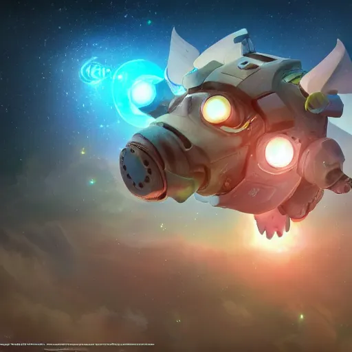 Image similar to 3D Fantasy Cute and adorable mecha piggy floating in space, bright stars, Smooth 3D Illustration, soft render, Servando Lupini, Daniil Kudriavtsev, handpaint texture, Blender, 3DCoat