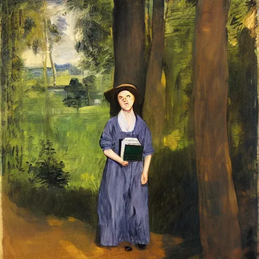 Prompt: A bookseller in overalls shelves books in her bookshop outdoors tall trees green, in the style of Manet, 4k