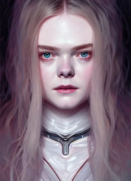 Image similar to symmetry!! portrait of elle fanning in dead space, horror, fashion, dark!! intricate, elegant, highly detailed, digital painting, artstation, concept art, smooth, sharp focus, illustration, art by artgerm and greg rutkowski and alphonse mucha