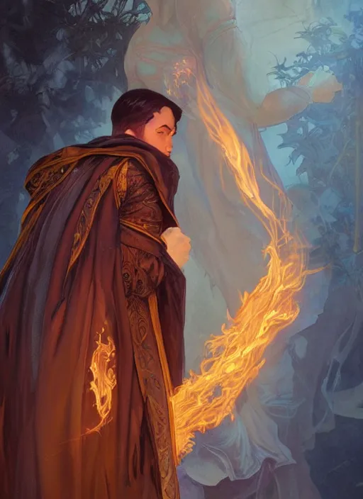 Prompt: young man using fire magic, wearing mages robes, back view, short blond hair, realistic painting by ross tran and gerald brom and alphonse mucha, artgerm, trending on artstation