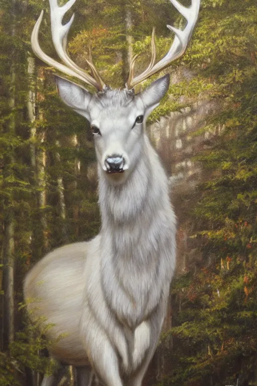 Image similar to an oil painting of the king of the forest: a white stag, beautiful, fantasy, hyper realistic, dramatic lighting