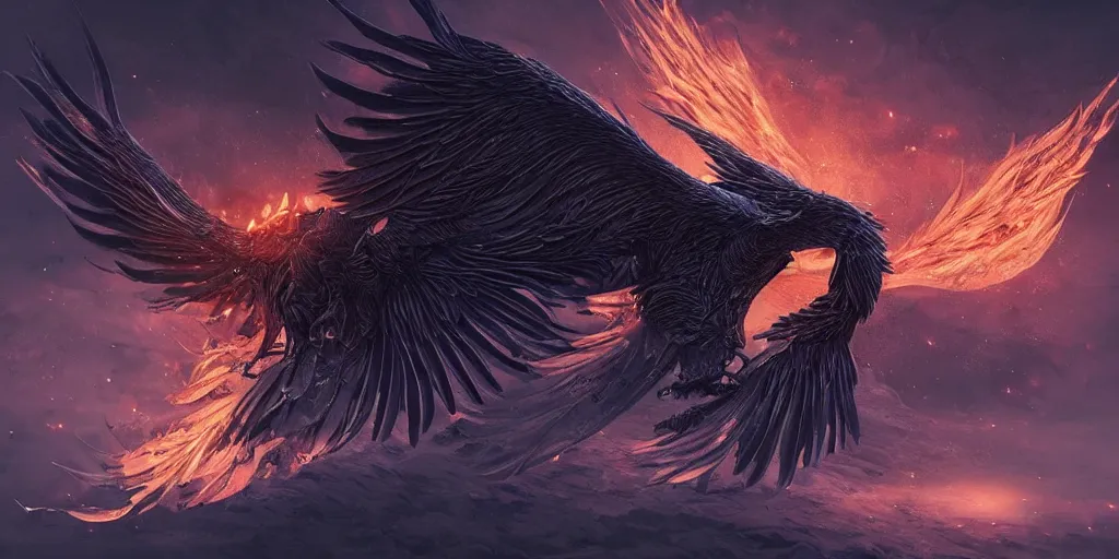 Image similar to artwork of a phoenix, highly detailed, artstation, night black sky background, smooth illustration, digital art, unreal engine, ultra realistic, fine art, concept art