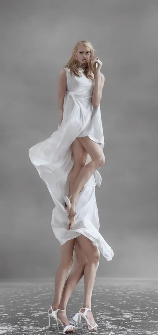 Prompt: cute annie leonhart in open toe heels in a white dress in a white room, beautiful face, pale skin, rule of thirds, cinematic lighting, rainy weather, melancholy atmosphere, sharp focus, backlit, stunning, model agency, smooth, hard focus, full body shot, instagram photo, shot on sony a 7 iii, hyper realistic,